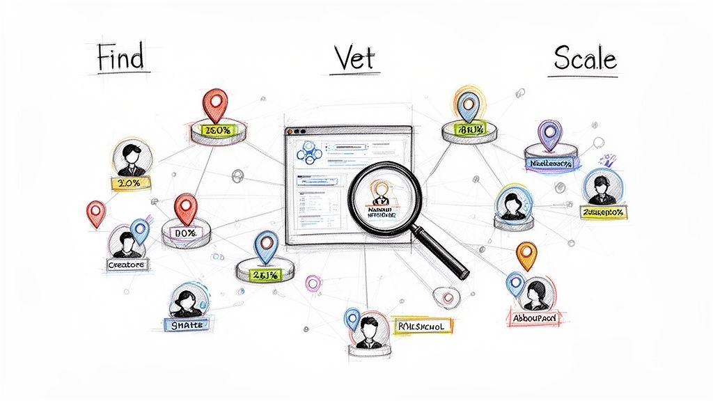 Diagram illustrating 'Find, Vet, Scale' process for creator content, showing user profiles and a web interface.