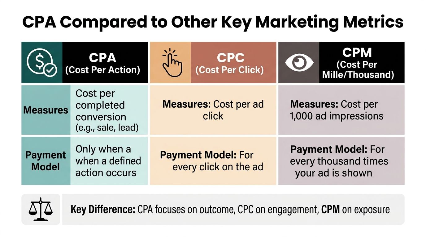 A comparison chart showing the differences between CPA, CPC, and CPM marketing metrics and their models.