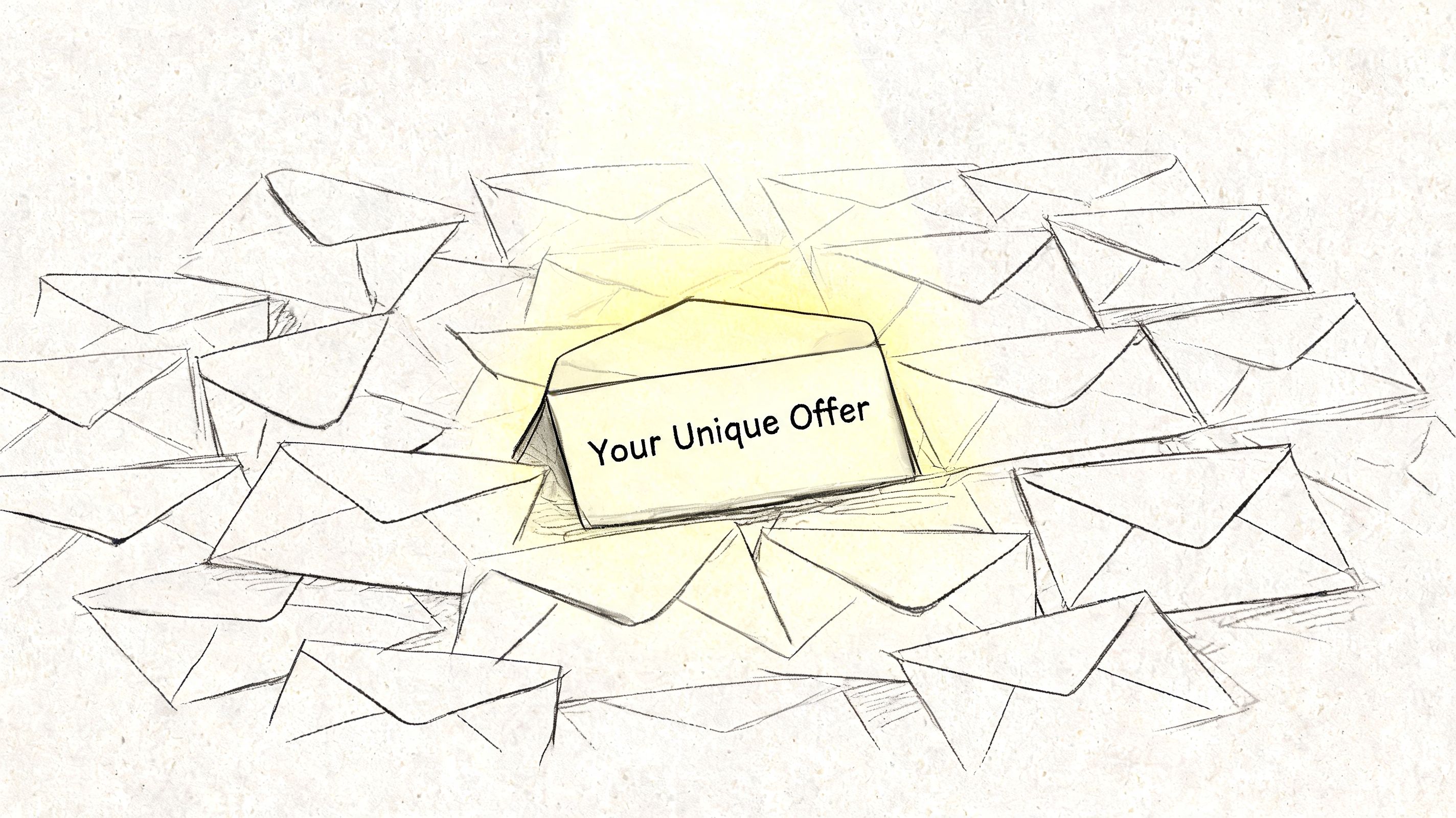 A hand-drawn sketch of a glowing open envelope labeled Your Unique Offer surrounded by many closed envelopes.