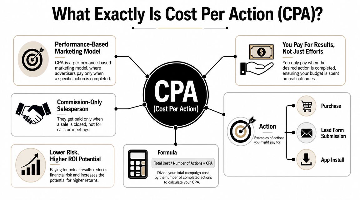An infographic explaining Cost Per Action (CPA) marketing model including its benefits, formula, and examples of actions.