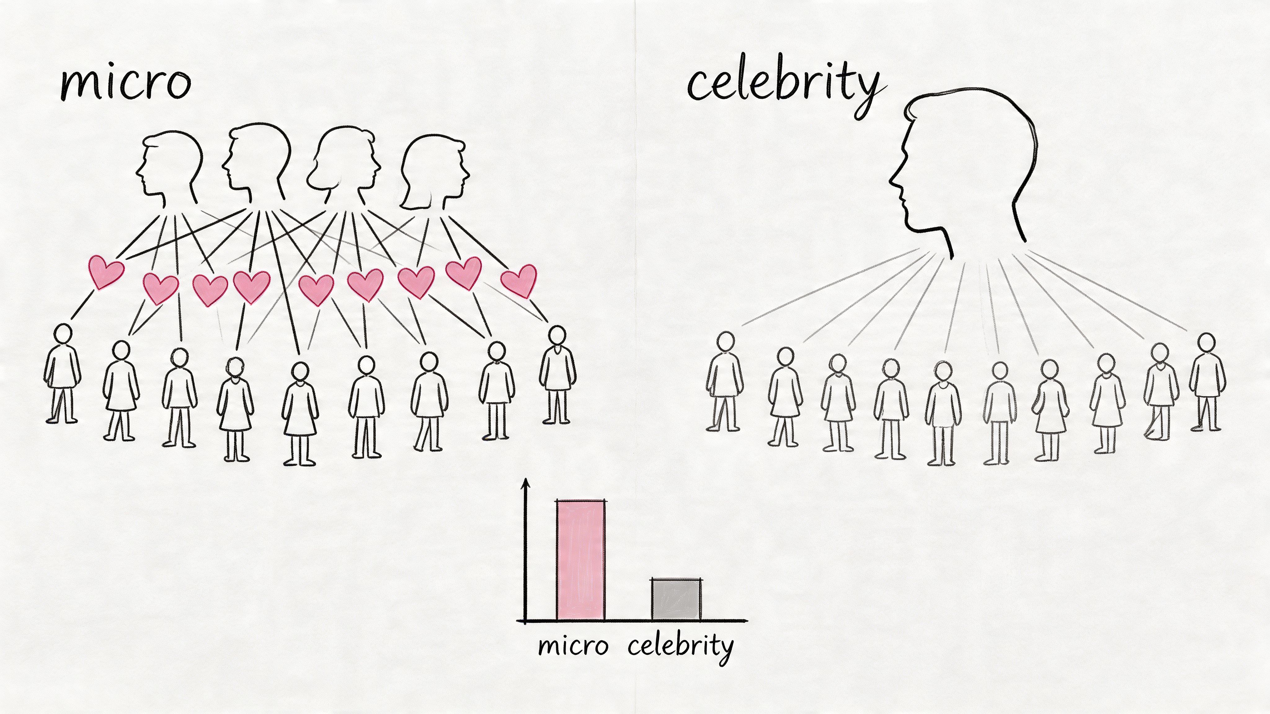 A diagram comparing micro-influencers and celebrities, showing higher audience engagement for micro-influencers through heart icons.