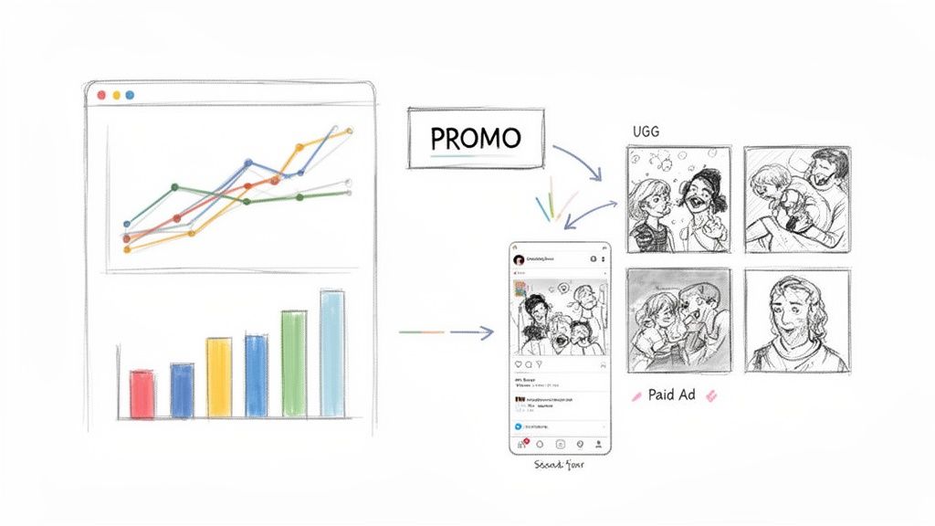 Diagram illustrating a digital marketing campaign with performance charts, social media posts, and targeted paid ads.