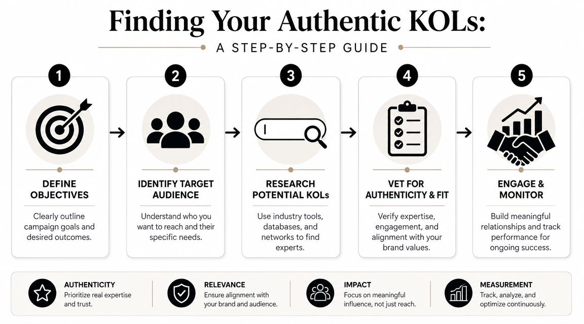 A five-step guide infographic for finding authentic Key Opinion Leaders for marketing campaigns and business success.