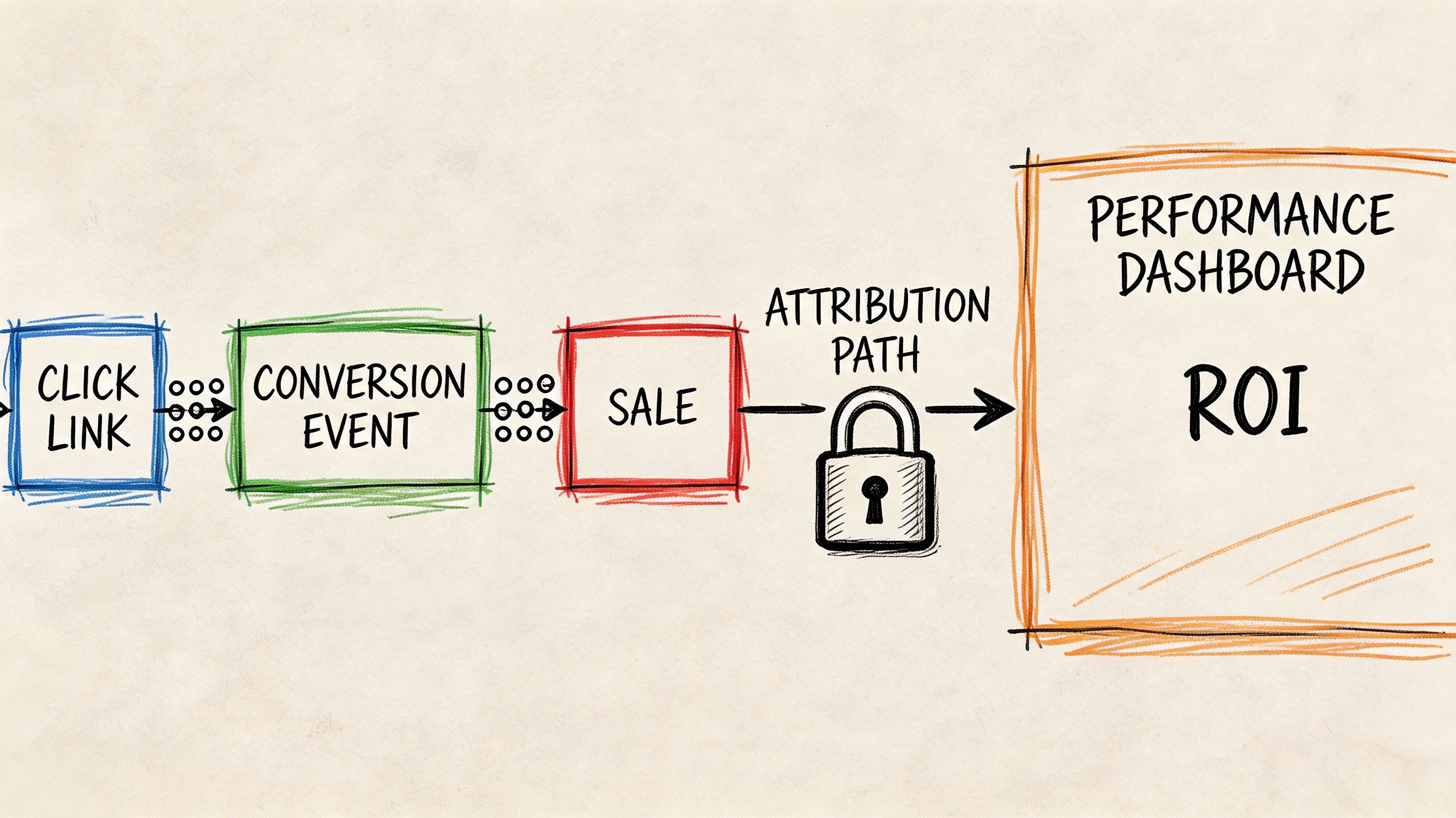 A hand-drawn flowchart illustrating the path from clicking a link to tracking ROI on a dashboard.